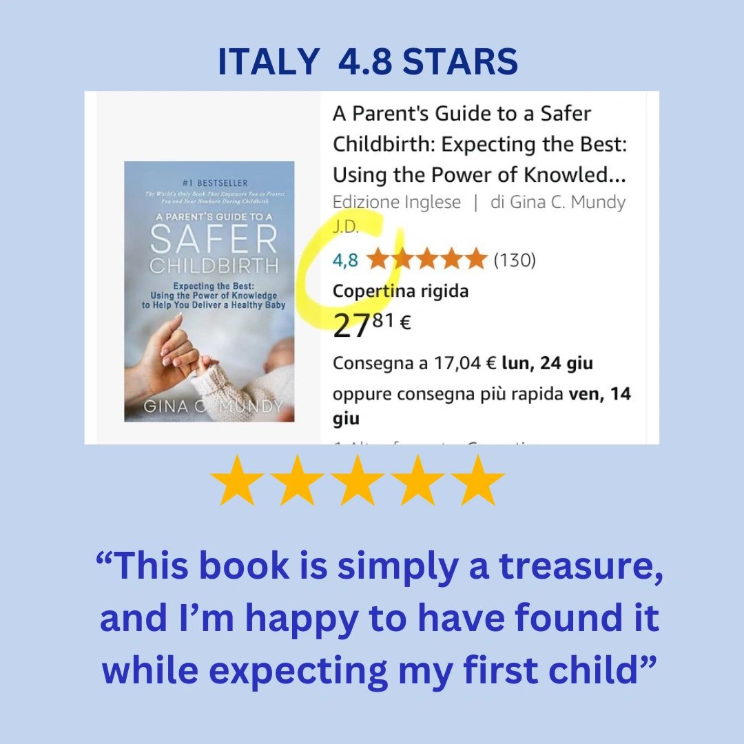 Italy Amazon listing — A Parent's Guide to a Safer Childbirth, 4.8 stars